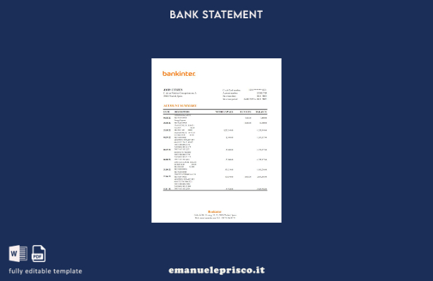 Modello Excel di estratto conto bancario Spagna Bankinter in stile verificato